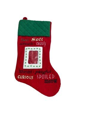 Vtg Cat Kitty Photo Christmas Stocking w Paw Print Frame Window Embroidered Text